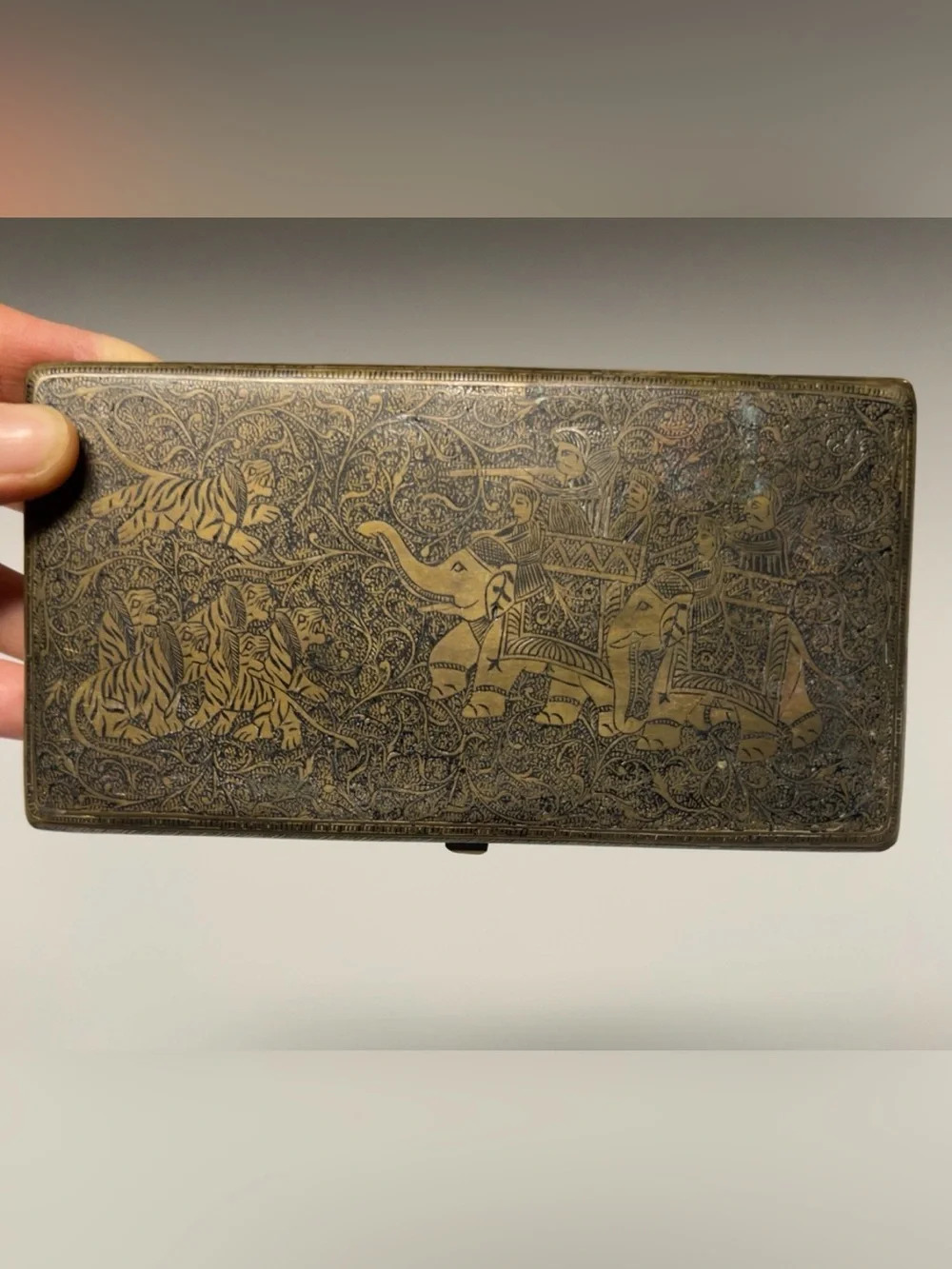 Vintage Brass Etched Cigarette Case Elastic Band Ornate Elephants Hunting Patina